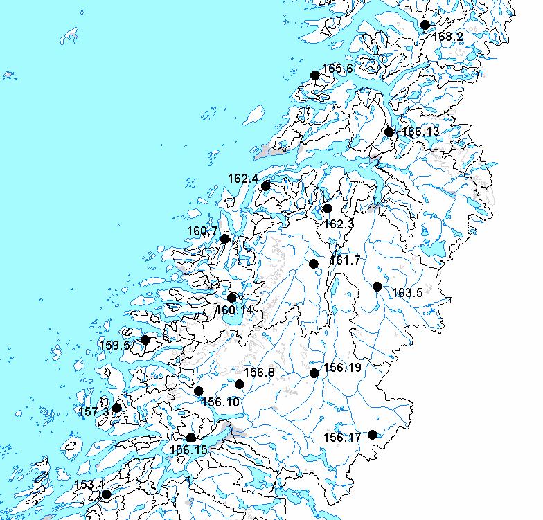 Figur 6. Vannføringsstasjoner i Midtre Nordland. Areal Eff.sjøpr. Høydeforhold, moh. Vannføringsstasjon km 2 maks. median min. 153 1 Storvatn 48 8.9 991 516 51 156 8 Svartisdal 122 3.