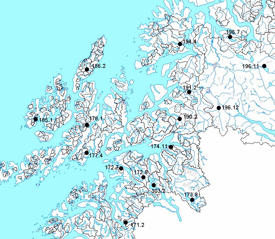 Figur 8. Vannføringsstasjoner i Nordre Nordland og Vest-Troms. Areal Eff.sjøpr. Høydeforhold, moh. Vannføringsstasjon km 2 maks. median min. 171 2 Fordalsvatn 44 3.