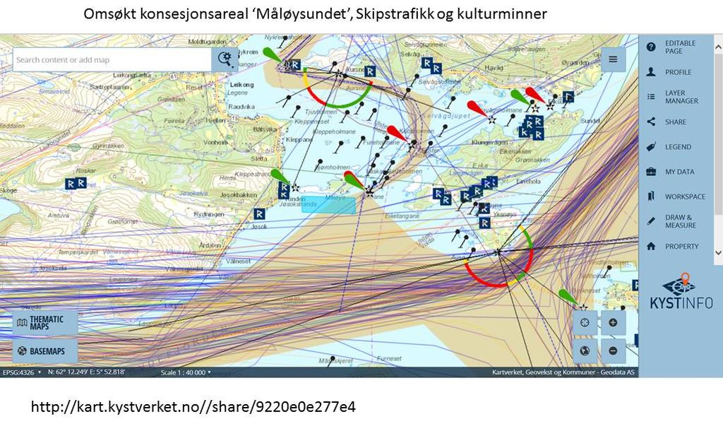 12 TANGO Seaweed, Søknad Akvakultur Lokalitet Måløysundet 1267074, Nov. 2016 Fig. 5.1. Kart (kilde: Kystinfo), der det omsøkte arealet vises ift skipstrafikk, farled og kulturminner.