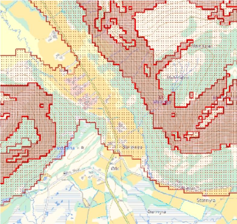 Når det gjelder skredfare ligger deler av planområdet (Stormoen Dalen) i et område som er registrert som mulig