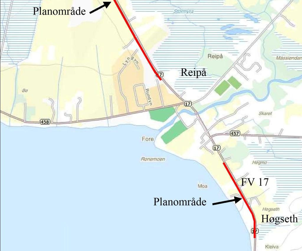 17 fra Reipå sentrum til Dalen og fra Reipå sentrum til Høgseth. Gang- og sykkelvegen skal tilknyttes gang- og sykkelvegen i Reipå sentrum. 2 PLANOMRÅDET 2.