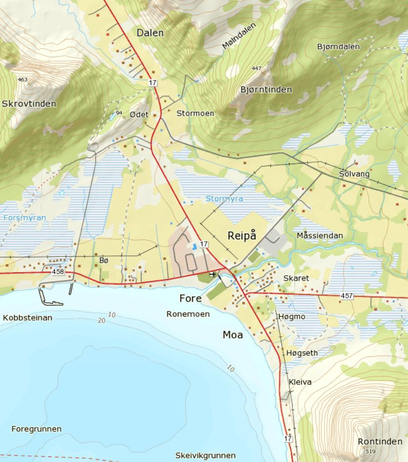 bolig, gård, fritidsbolig, Mørk grønn = sport, park, gravplass, Lys grønn = Skog, Stiplet blå = myr, Rød og grå strek =