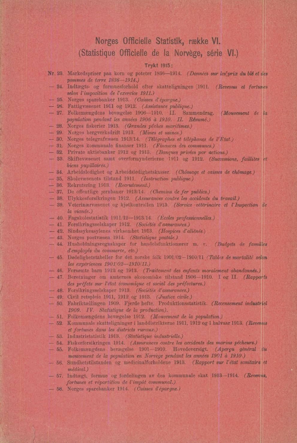 Norges Officielle Statistik, række VI (Statistique Officielle de la Norvège, série VI) Trykt 1915: Nr 23 Markedspriser paa korn og poteter 1836-1914 (Données sur les!