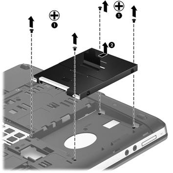6. Trekk plastklaffen på harddisken (2) mot siden på datamaskinen for å frigjøre harddisken fra kontakten,