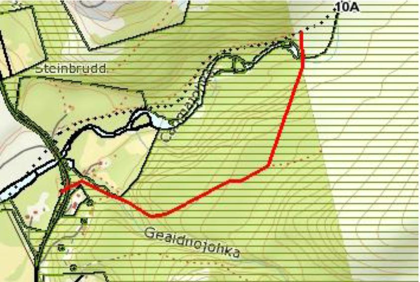 Forslag til strekning som utgår (ca. 4,2 km). Løype 10A (Austertana- Ridovei bru) Ved løypestarten ved Čammajohka er det trukket tilbake en grunneiertillatelse.
