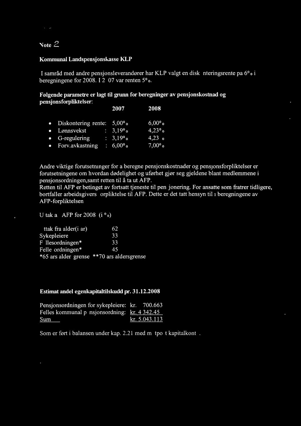 Note 2 Kommunal Landspensjonskasse KLP I samråd med andre pensjonsleyerandører har KLP valgt en diskonteringsrente på 6% i beregningene for 2008. I 2007 var renten 5%.