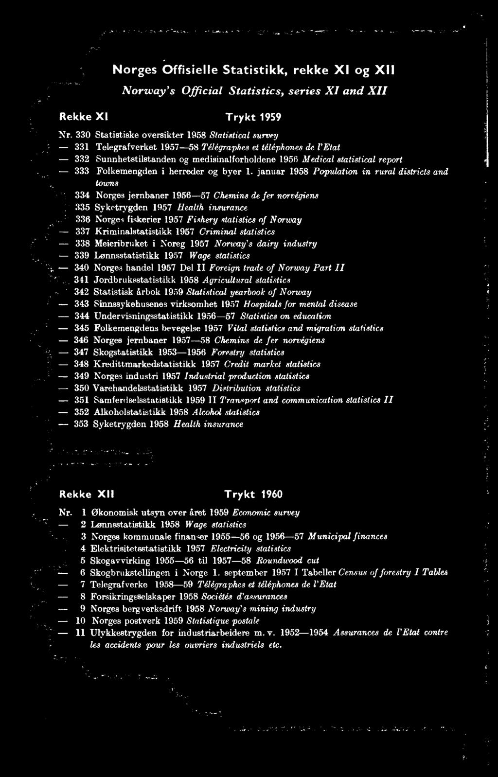 337 Kriminalstatistikk 1957 Criminal statistics 338 Meieribruket i oreg 1957 orway's dairy industry 339 Lønnsstatistikk 1957 Wage statistics 34 orges handel 1957 Del II Foreign trade of orway Part II