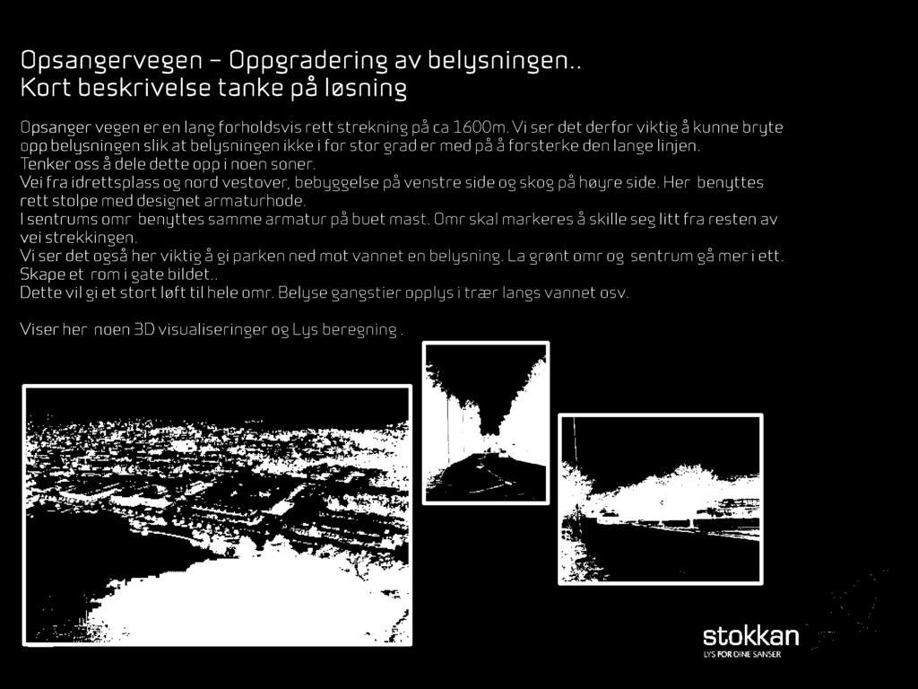 Vei fra idrettsplass og nord vestover, bebyggelse på venstre side og skog på høyre side. Her benyttes rett stolpe med designet armaturhode. I sentrums omr benyttes samme armatur på buet mast.