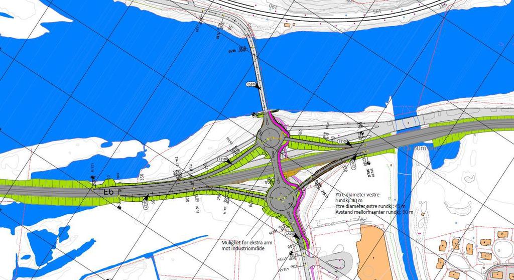 Side 3 Nytt kryss ved Kvitfjelltunet. Ny E6 planlegges etablert noe øst for dagens trasé. Det bygges ny bru for fylkesvegen over ny E6 som heves med ca.