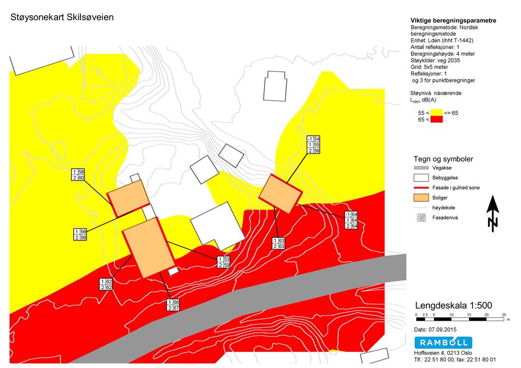 Støysonekart Skilsøveien Viktige beregningsparametre Beregningsmetode:Nordisk beregningsmetode Enhet: Lden (ihht T-1442) Antall refleksjoner: 1 Beregningshøyde:4 meter Støykilder:veg 2035 Grid: 5x5