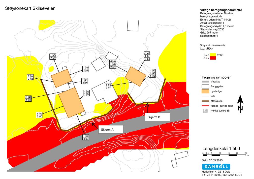 Støysonekart Skilsøveien Viktige beregningsparametre Beregningsmetode:Nordisk beregningsmetode Enhet: Lden (ihht T-1442) Antall refleksjoner: 1 Beregningshøyde:1,8 meter Støykilder:veg 2035 Grid: 5x5