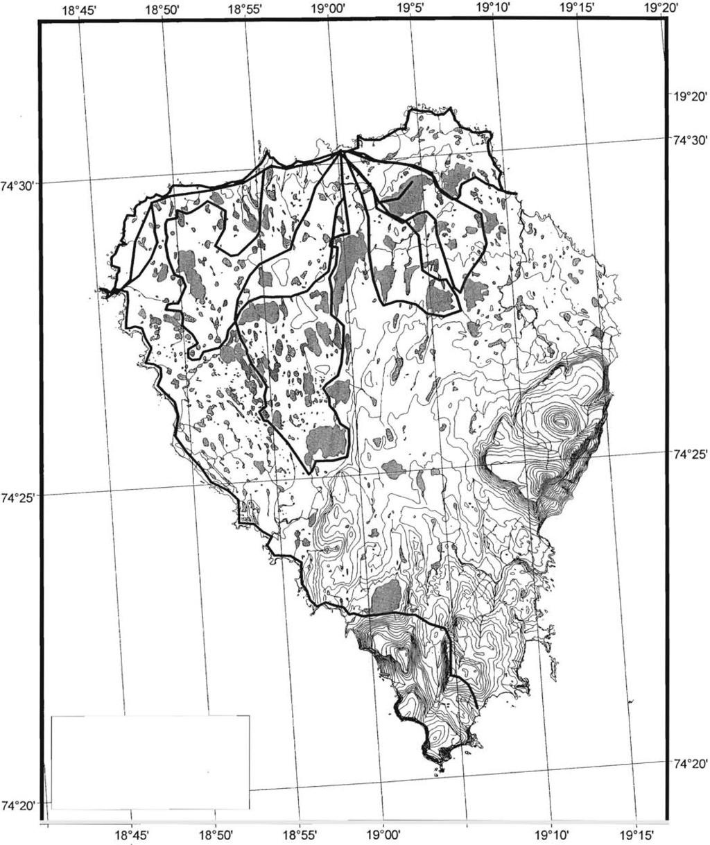 18 40' IV Ruter dekt til fots 74 20' L_--- ----t---r 19 5' Figur 1. Kart over Bjørnøya med angivelse av dekningsgrad for undersøkelsen.