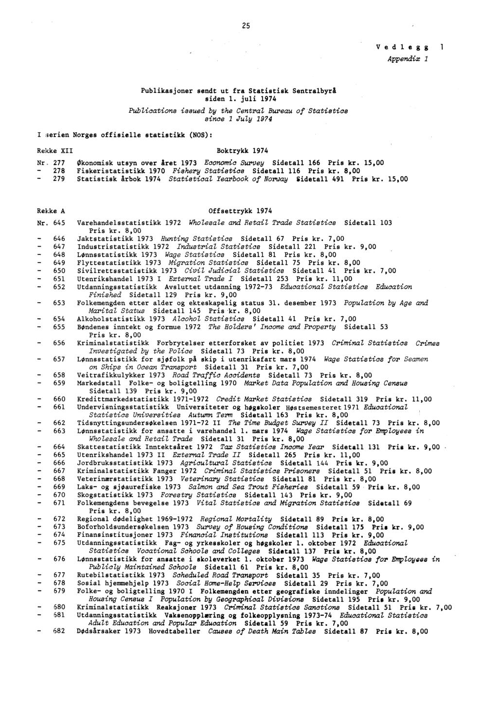 25 Vedleggl Appendix 1 I 3erien Norges offisielle statistikk (NOS): Publikasjoner sendt ut fra Statistisk Sentralbyrå siden 1.