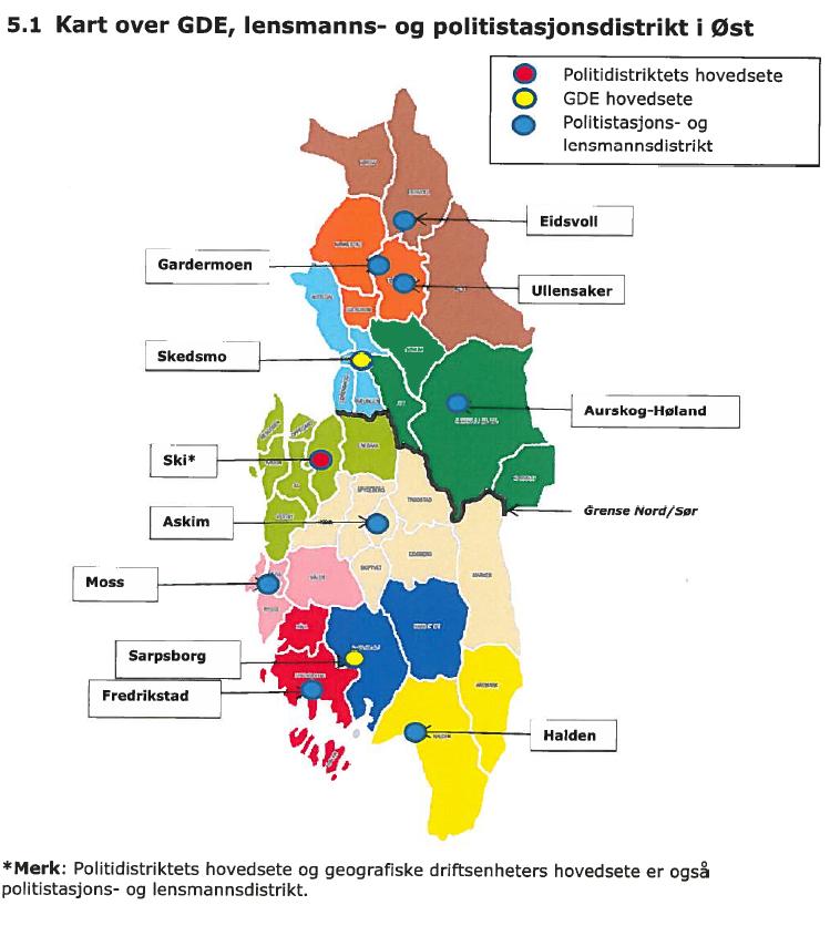 Øst politidistrikt inndeles i to geografiske driftsenheter (GDE), GDE Nord og GDE sør. Organisatoriske enheter under GDE heter tjenesteenheter (TE) og tjenestested.