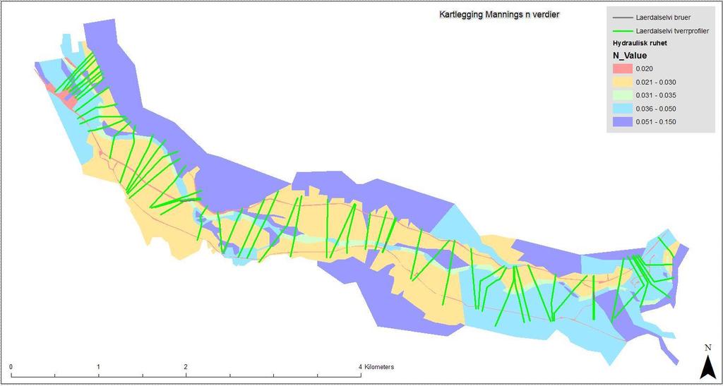 Side 5 Figur 4: Kart med antatt Mannings "n" verdier i Lærdalen Grensebetingelser Resultatene fra flomberegningen er brukt som øvre grensebetingelse i den hydrauliske modellen.