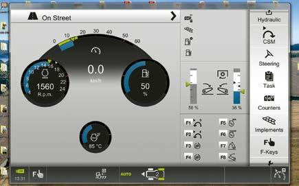 Rask og enkel og full statusoversikt 2 Status for hydraulikkventilene 3 Kjøretøyinformasjon 4 Ytelsesmonitor 5 Informasjon om girkassen 6 Innstilling av funksjonstastene 7 Meny 8 DIRECT ACCESS