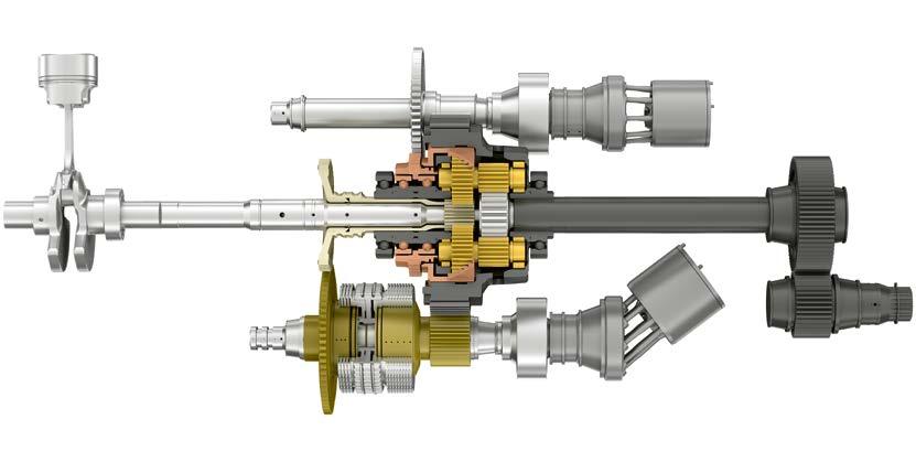 Den intelligente kombinasjonen av trinnløst girsystem, en kløtsj og to hydrostater gir en jevn og effektiv kraftoverføring.