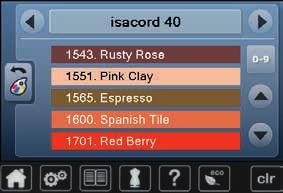 lukkes, valgt farge vises Velg fargeikon Ny farge er tilordnet Den endrede trådfargen vises Endre trådmerke Trykk på «Trådfarge»-ikonet Rull med pilfeltene til venstre og høyre for trådmerket til