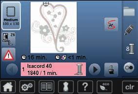 Broderimotiv Broderimeny Broderimenyen åpnes Motivet er klart for brodering Brodere med «Start/stopp»-knappen på brodericomputerens stativhode Trykk på «Start/stopp»-knappen på brodericomputerens