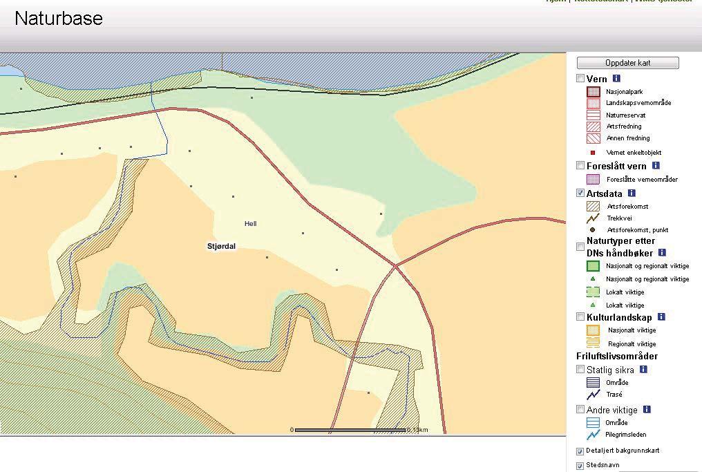 Figur 1: Utsnitt fra Naturbase (Direktoratet for naturforvaltning) 3. Beskrivelse av tiltaket 3.1. Omfang av tiltak og virkninger Planen foreslår at erosjonssikringen i Fugla gjennom kvikkleiresone Hell utvides med ca.