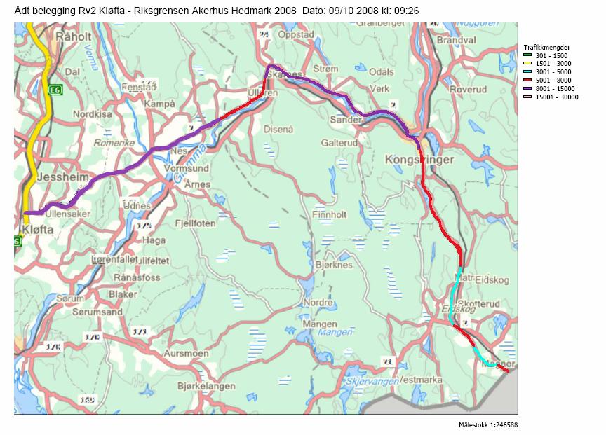 Figur 3.1: Årsdøgnstrafikk på riksveg 2. Kilde: Statens vegvesen Størst trafikkbelastning er det naturlig nok i Kongsvinger sentrum.