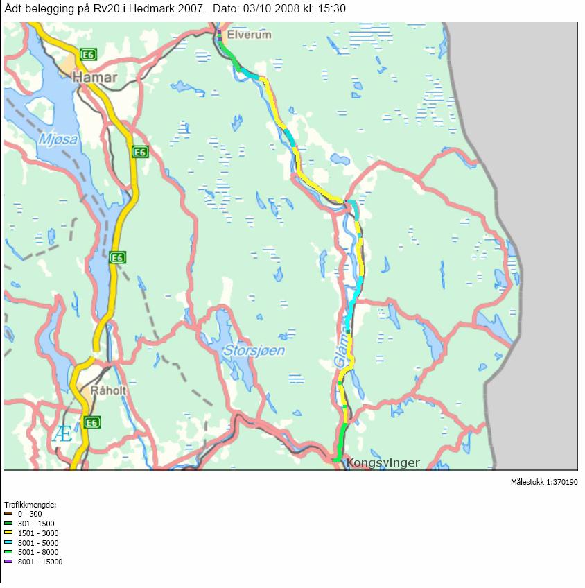 trafikkvekst for perioden 2000 2007 på 37 prosent og et målepunkt midt mellom Skarnes og Kløfta (Ulvesund ved fylkesgrensa) viser en trafikkvekst fra 2002 til 2007 på 14 prosent.