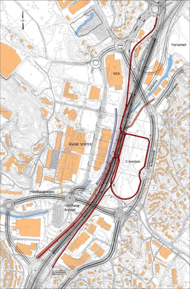 E39 må pårampingen skje sør for lokket. Det beste kan da være å legget et bussfelt over C tomten og langs Åsamyrane fram til et pårampingsfelt på sørsiden.