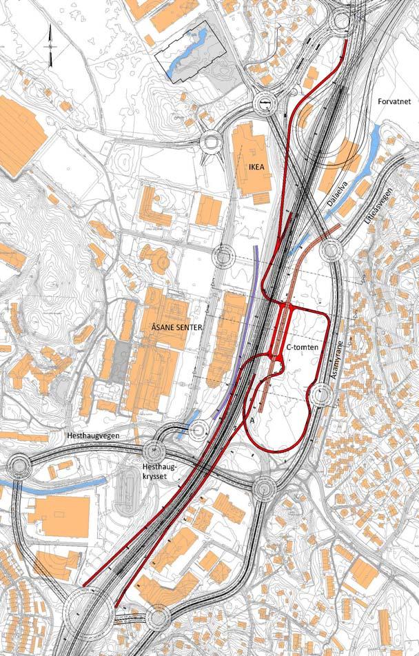 Alternativ B2 med kollektivterminal på C tomten øst for lokket Løsningene blir ved dette alternativet blir svært lik alternativ B2 med kollektivterminal på lokket.