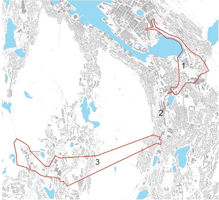 2.6 Varslingsområde for reguleringsplanene For en mest mulig rasjonell og oversiktlig reguleringsplanprosess, er planområdet delt inn i tre delstrekninger, der banetrasé gjennom Mindemyren allerede