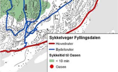 Bydelsruter skal være et skiltet tilbud for syklende internt i bydelene, hovedsakelig på gang/sykkelveier eller i lavtrafikkerte boliggater med fartsgrense 30km/t.