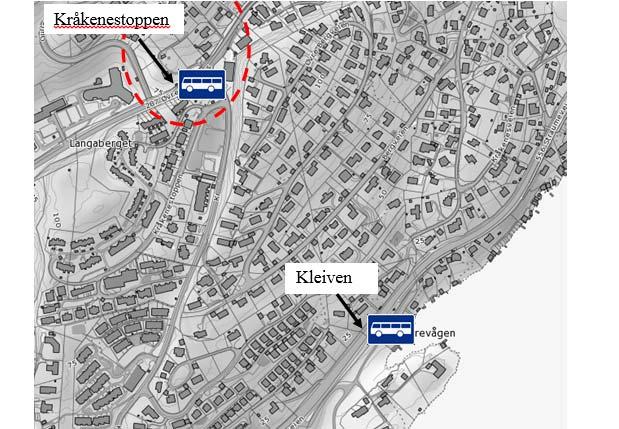 N Figur 3 Kartet viser en oversikt over de nærmeste bussholdeplassene. Planområdet er omtrentlig markert med rød stiplet sirkel Buss nr.