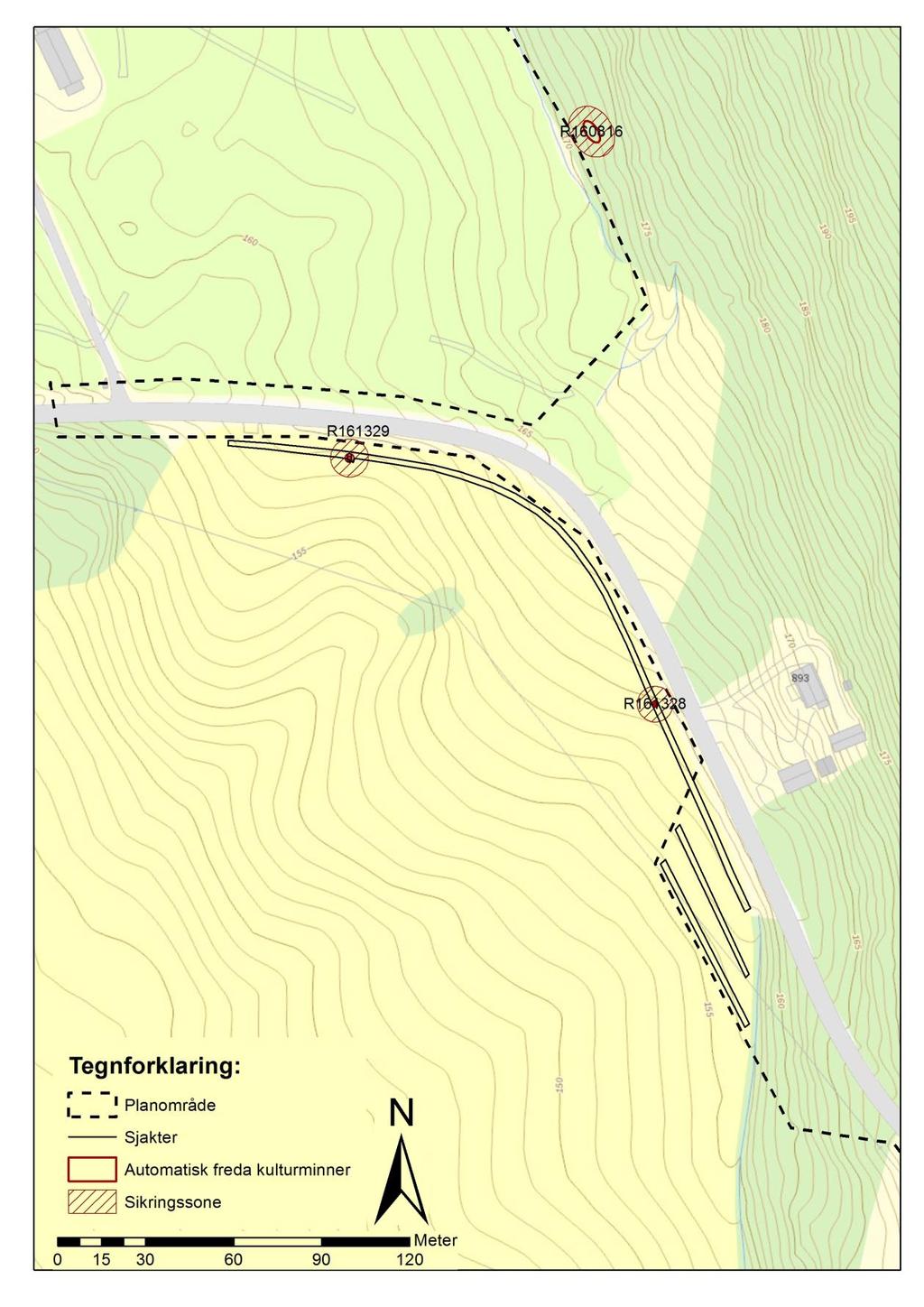 Kart 4: Detaljkart over planområdet i sørvest, med sjaktene avmerket med