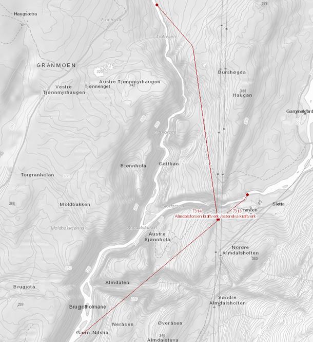 Figur 2.Kartet viser inntakspunkt, kraftstasjon og vannveier i de omsøkte prosjektene Almdalsforsen kraftverk og Vesterelva kraftverk.