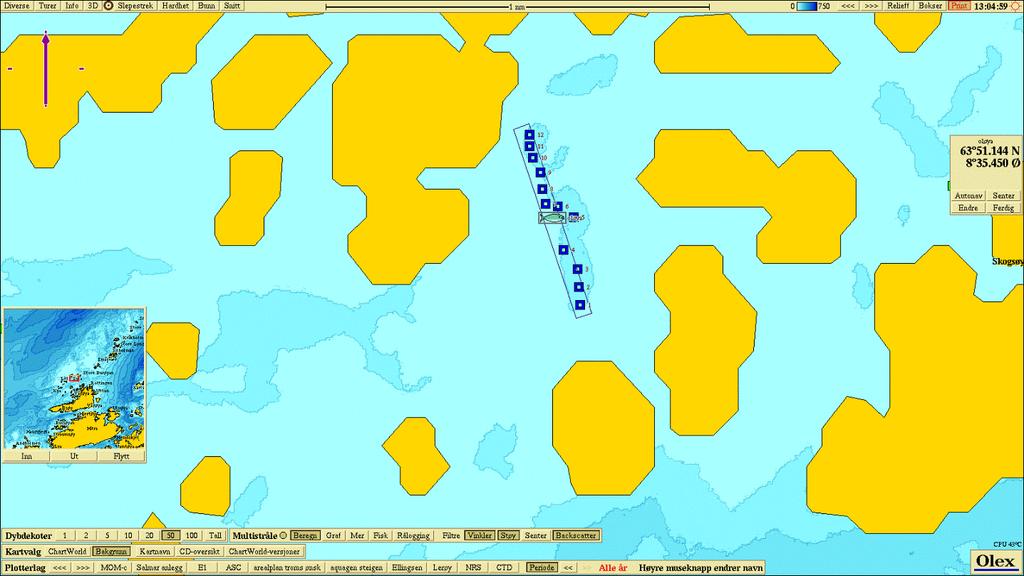 Figur 2.1.2 Topografisk kart (nordlig orientering) med avmerking av lokaliteten. Kartdatum WGS84. Tabell 2.1.1 Koordinater prøvetakingspunkter, kartdatum WGS84 Stasjon 1 2 3 4 5 6 Posisjon 63 o 50.