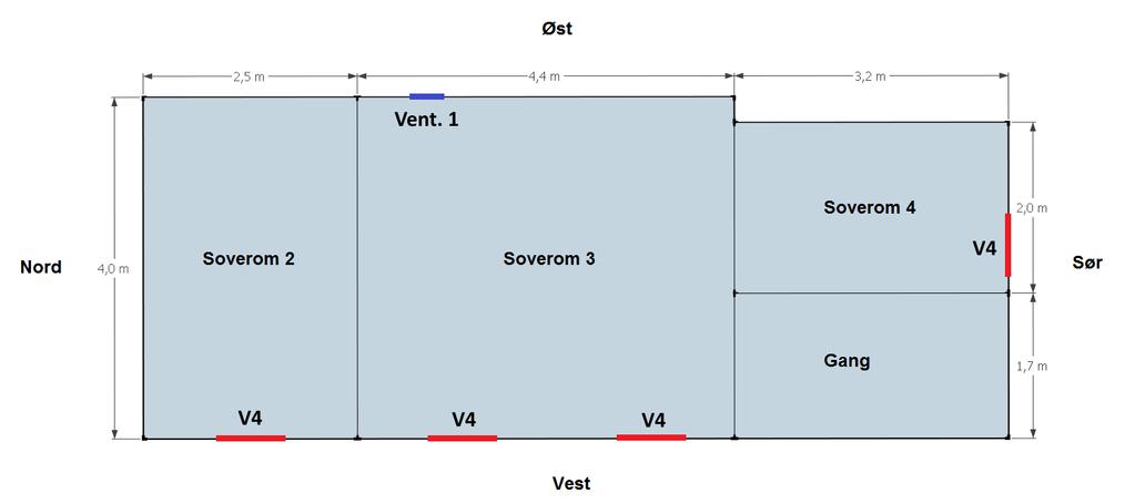 Figur 3 Planskisse 2. etasje (Vinduer i støyfølsomme rom rød strek, lufteluke blå strek). 2. Beskrivelse av de enkelte bygningsdelene Yttervegg ble inspisert visuelt.