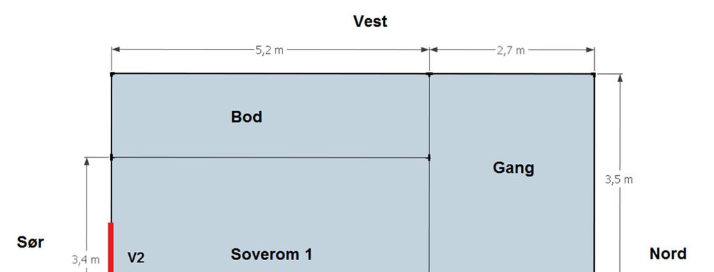 Figur 3 Planskisse 2. etasje (Vinduer i støyfølsomme rom er markert med rødt). 2. Beskrivelse av de enkelte bygningsdelene Yttervegg ble inspisert visuelt.