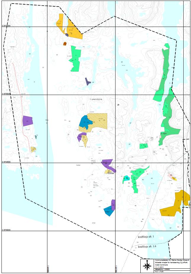 Kart 2: Oversiktskart med aktuelle tilråda innspel, revidert Status ifølgje siste oppdaterte vurdering i KU etter 1. gongs høyring. Raude sirkel viser innspel som fekk motsegn ved Fylkesmannen.