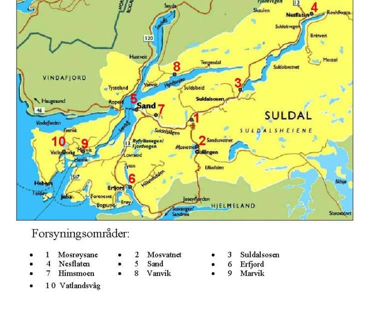 Vannforsyningen i Suldal er basert på grunnvannsforekomster, enten utnyttet via borebrønner eller brønner nedsatt i nærheten av større overflateforekomster.