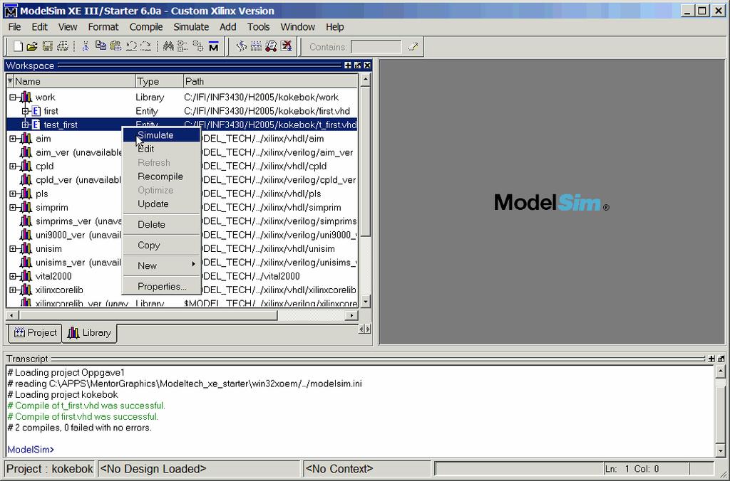 2.6 Simulering Når kildefilene er kompilert er vi klare til å simulere. Da velger man Library i workspace og i dette tilfelle går man til biblioteket ved navn work, hvor hver designenhet er kompilert.