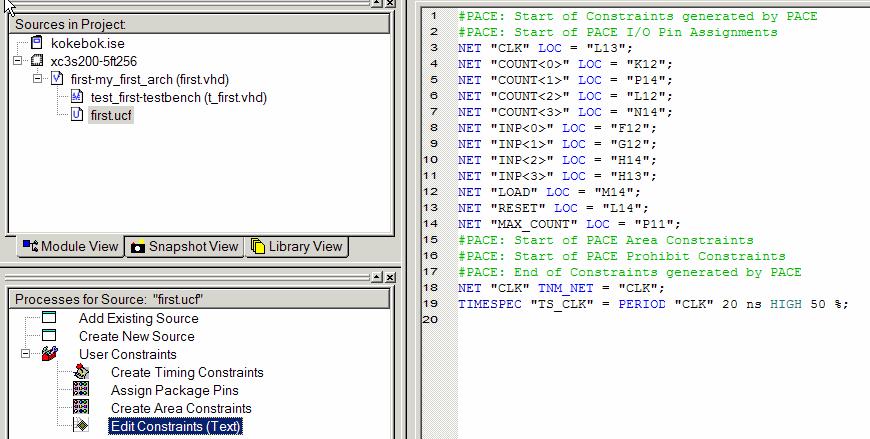 Velger man Edit Constraints (Text) høyreklikk Run åpnes ucf-filen for redigering med ISEs interne teksteditor (dette gjelder dersom ucf-filen eksisterer og er lagt til prosjektet): Figur 26.