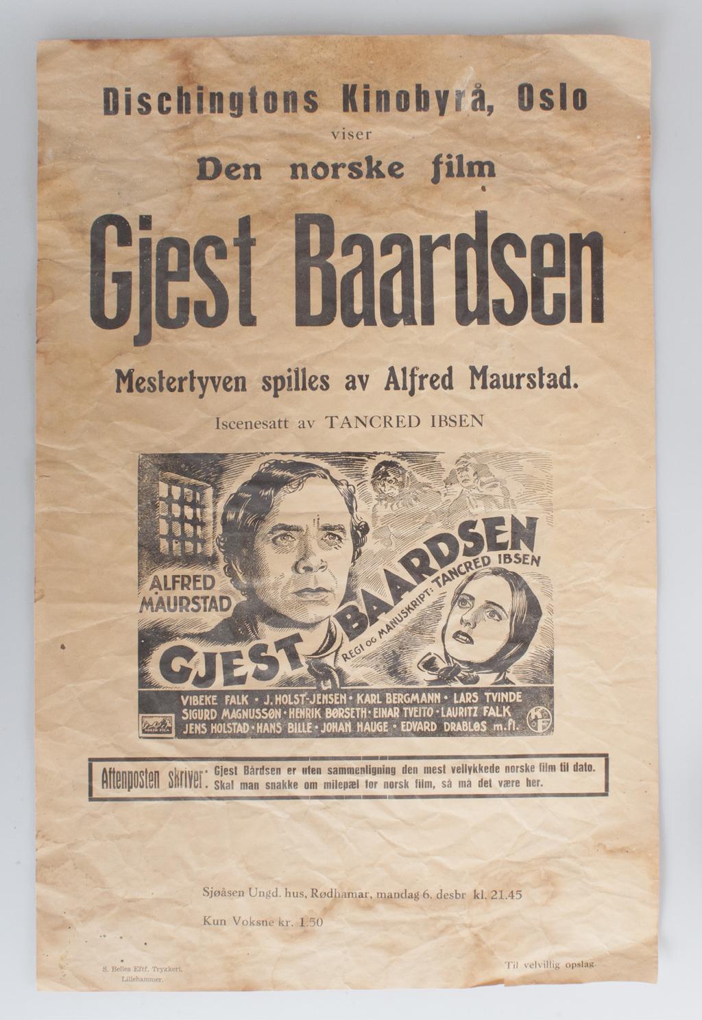 - 8 - Filmen om Gjest Baardsen Spillefilmen om Gjest Baardsen ble produsert i 1939. Regien var ved Tancred Ibsen, og hovedrolleinnehaver var Alfred Maurstad.