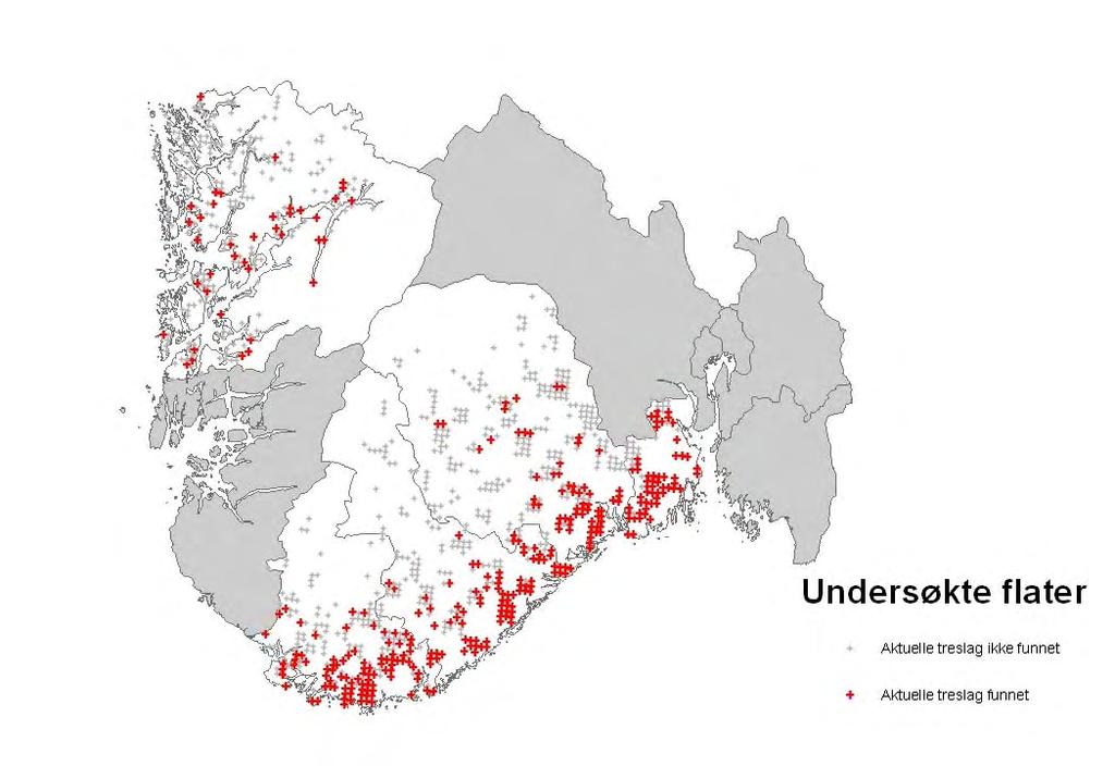 De utvalgte treslagene er i varierende grad varmekjære treslag. Dette gir seg utslag i hvilke deler av de fem fylkene hvor treslagene er funnet. Figur 1.