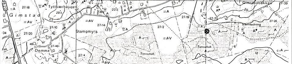 Navnet Gimstad (jé'mmsta) er av ukjent opprinnelse i følge Rygh (1905). Figur 2 Figuren viser utsnitt fra økonomisk kartverk over Gimstad, kartblad DV 248-5-4.