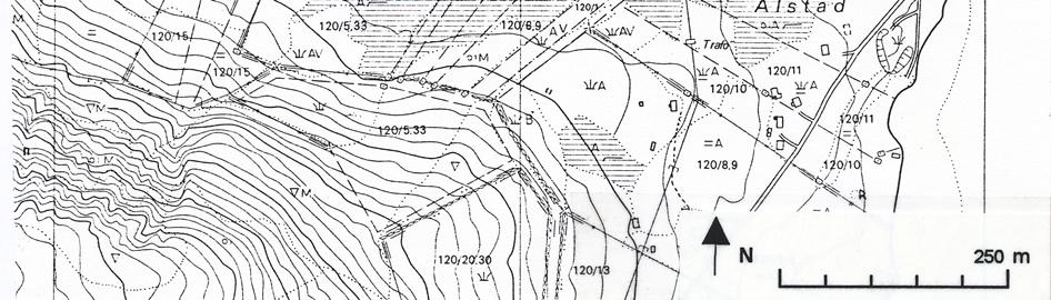 Lokaliteten ligger bare ca 25 m fra nærmeste oppdyrka område i dag, og ca 10 m o.h. Figur 8 Figuren viser utsnitt fra økonomisk kartverk over Alstad, kartblad DS 239-5-4.