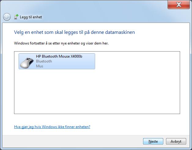 Velg musen i listen over Bluetooth-enheter, og trykk «Neste». Du trenger ikke å skrive inn kode for musen for at paringen skal fullføres. 4.