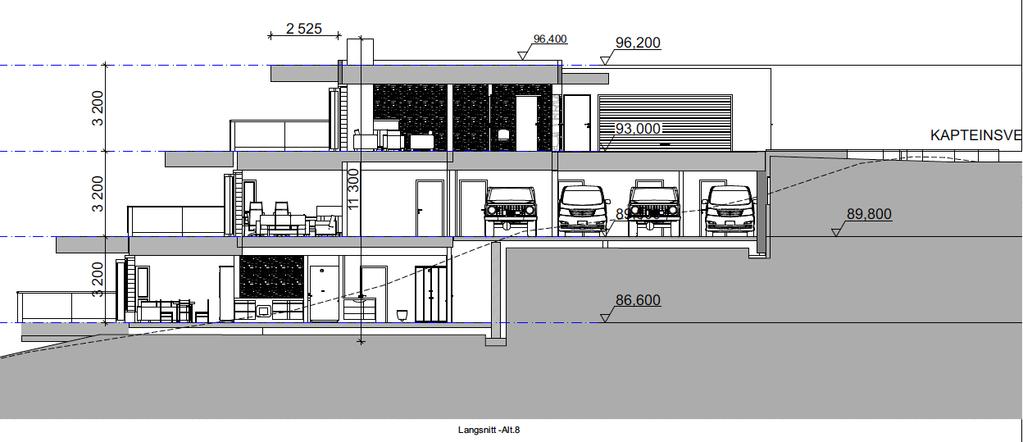 Plan 1 : (Øverste etg): 1 husvære på ca 160m2 BTA, med direkte tilkomst frå Kapteinsvegen. Golvkote foreslått ca K.93,000. Eigen dobbeltgarasje på bakkeplan, plassert 2,5m frå regulert vegkant.