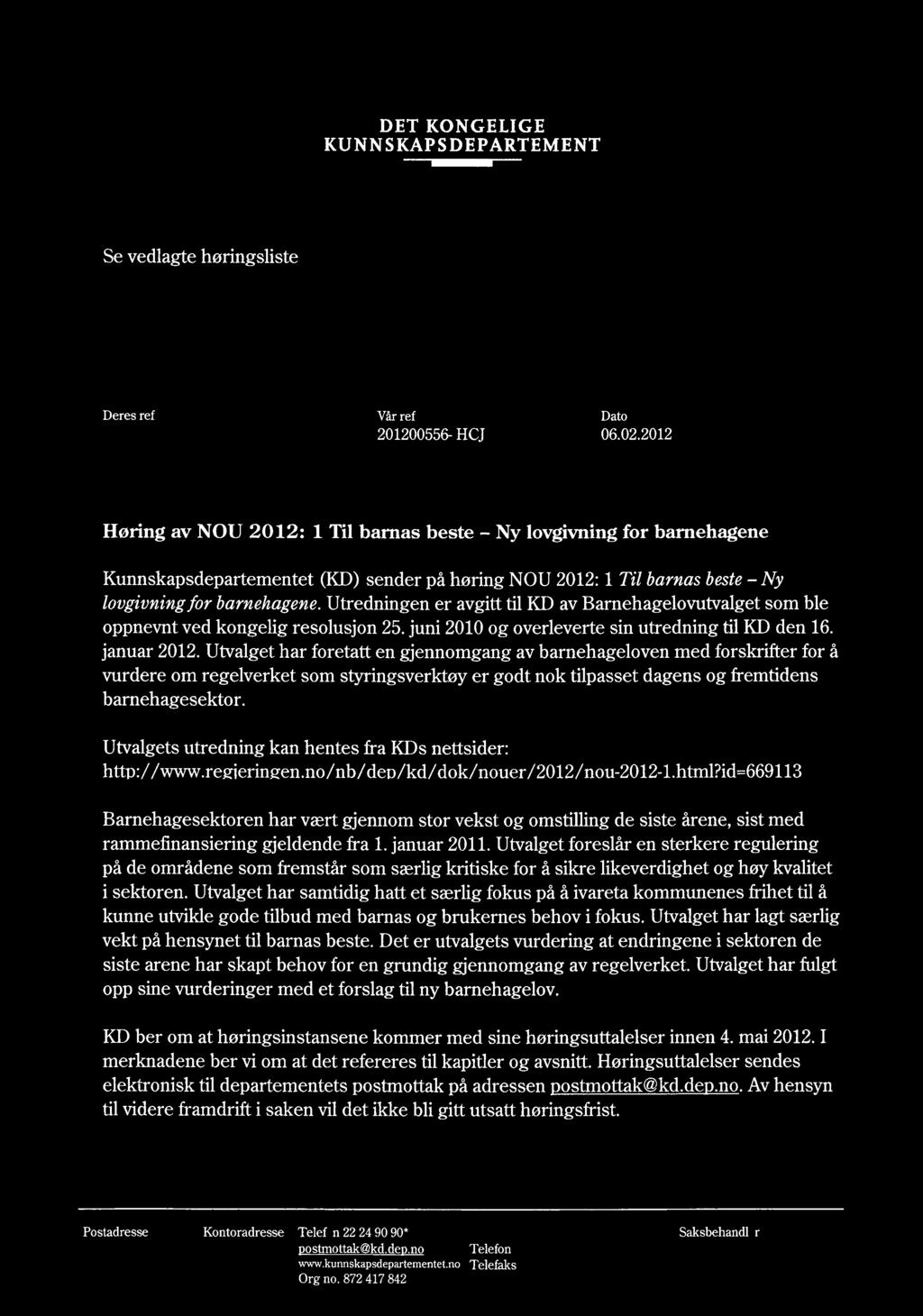 Utredningen er avgitt til KD av Barnehagelovutvalget som ble oppnevnt ved kongelig resolusjon 25. juni 2010 og overleverte sin utredning til KD den 16. januar 2012.