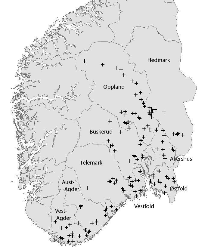 Fig. 1. Beliggenhet av feltene som er med i undersøkelsen.