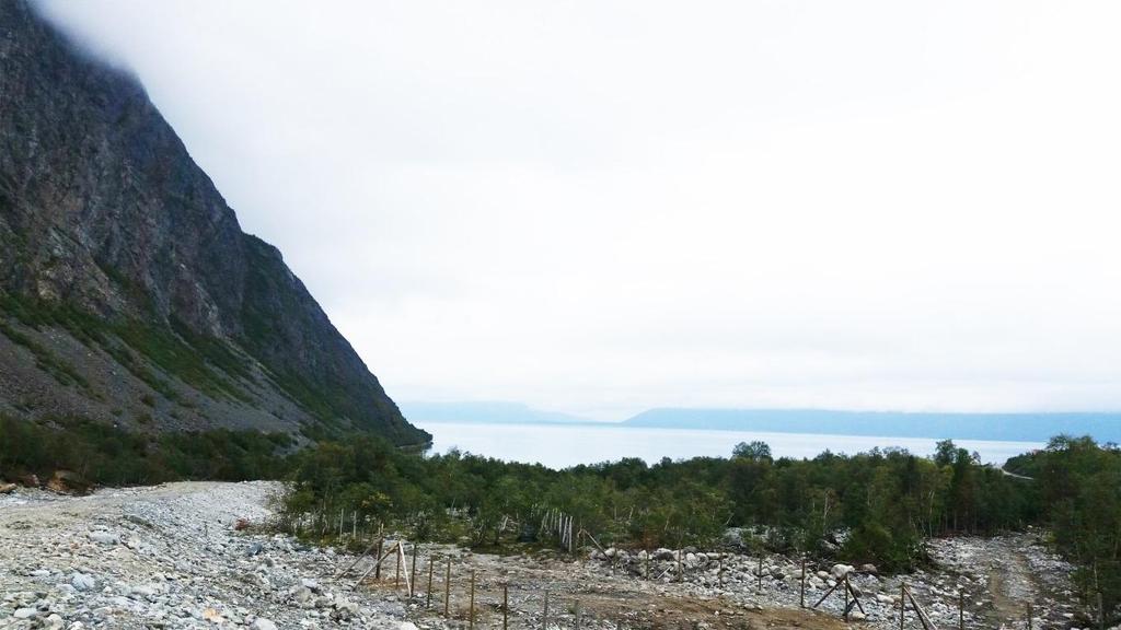 Det er formet et flomvern av stein og grus som følger sørsiden av elva ned mot fjorden.