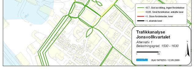 TRAFIKKANALYSE - JONSVOLLSKVARTALET 23 Figur 11: Belastningsgrad alternativ 1, makstime ettermiddag (1530 1630) 5.4 Alternativsammenligning Tabell 19: Alternativsammenligning Alt. A Alt. 0 Alt.